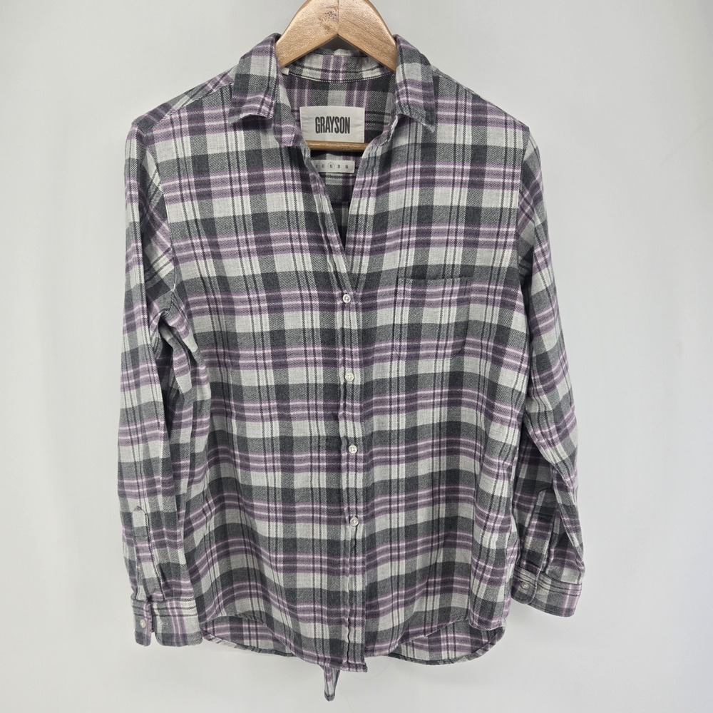 Grayson The Hero Shirt Women 03 Gray Purple Plaid Flannel Button Down Top